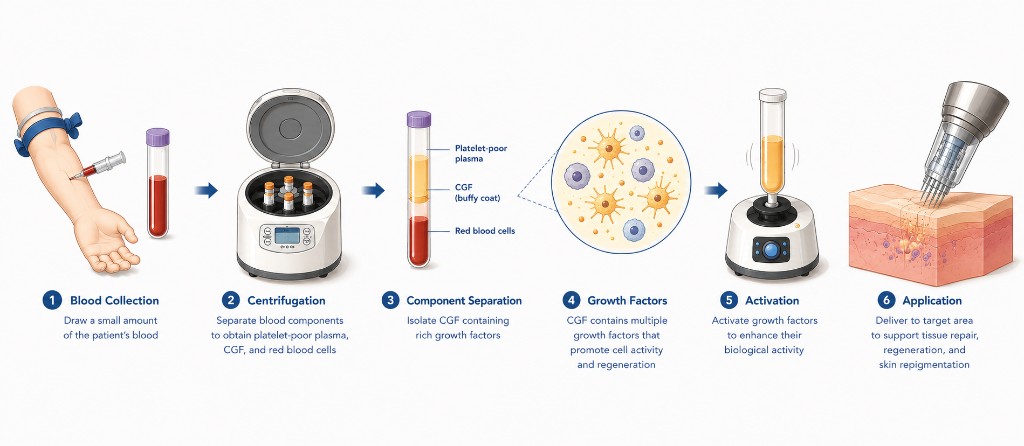 Six-step CGF therapy process illustration