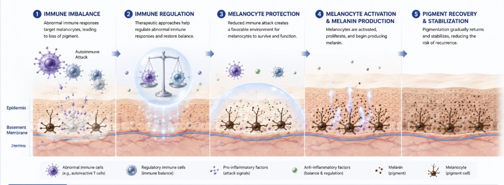 Immunomodulation therapy five-stage process for vitiligo
